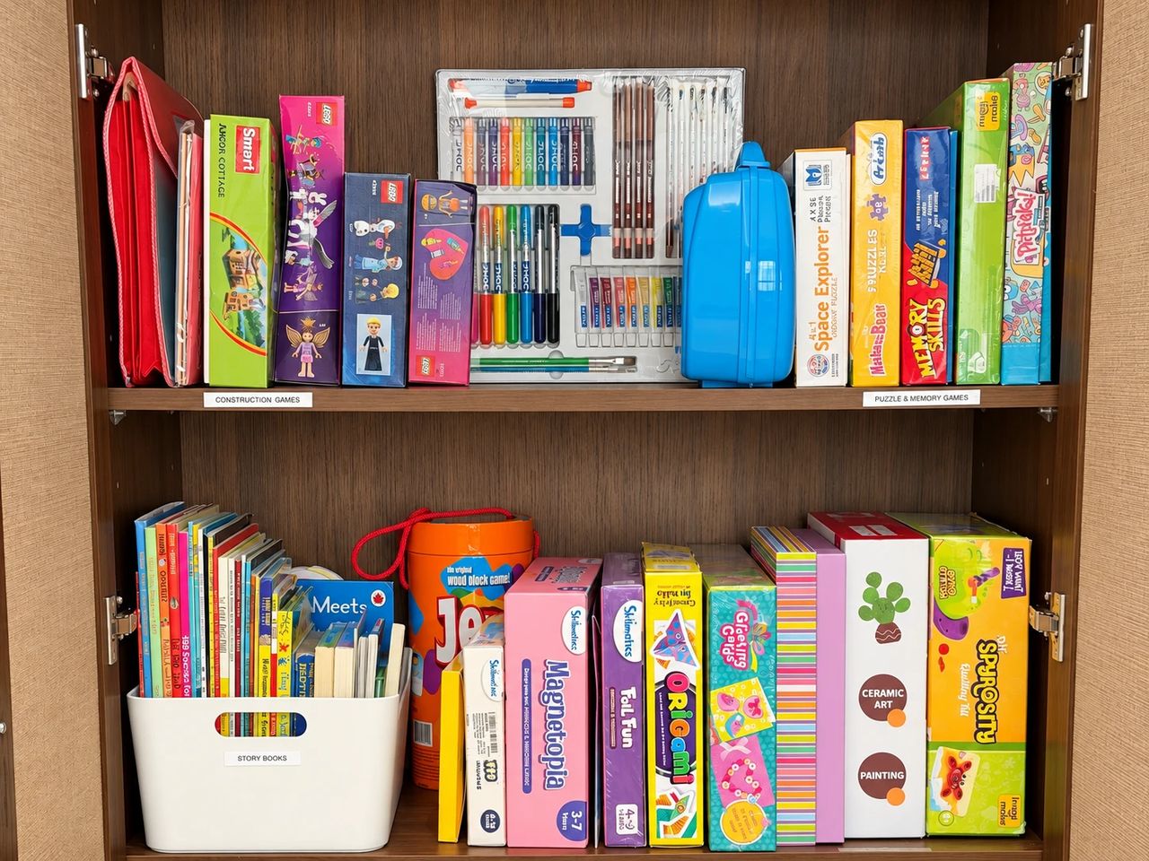 Labelled kids' games, books and art supplies organised on shelves